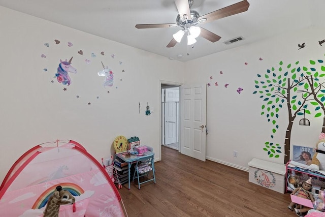 rec room featuring ceiling fan and wood-type flooring