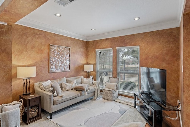 living room with crown molding