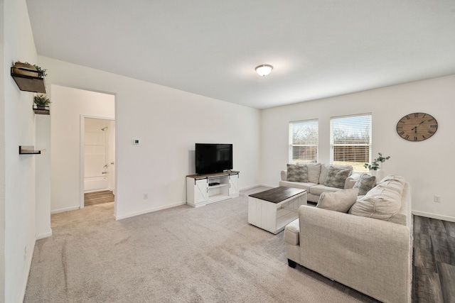 living room featuring light carpet