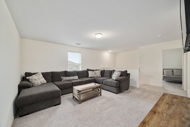 living room with light colored carpet