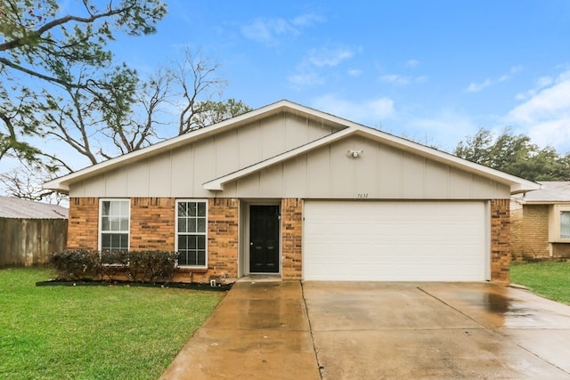 ranch-style house with a garage and a front lawn