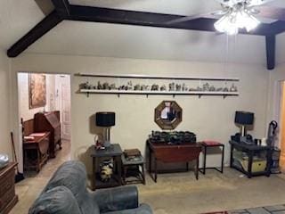 living room featuring lofted ceiling with beams and ceiling fan