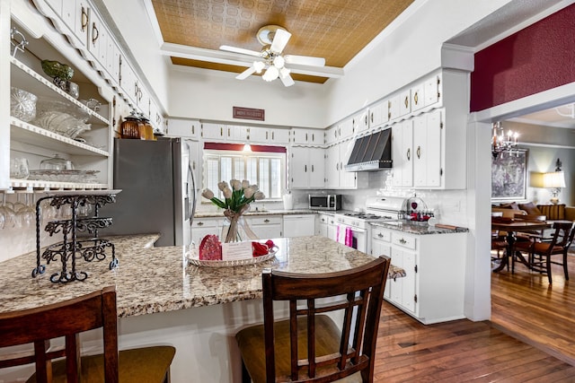 kitchen with premium range hood, white cabinetry, decorative backsplash, kitchen peninsula, and stainless steel appliances