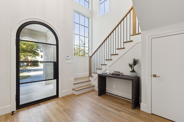 foyer featuring a high ceiling and light wood-type flooring