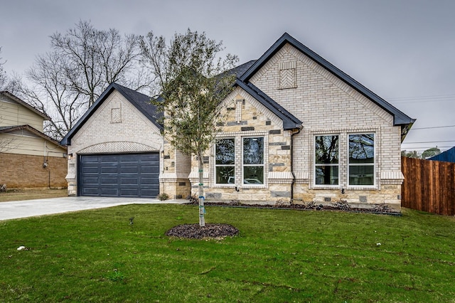 french country home with a garage, a front yard, concrete driveway, and fence