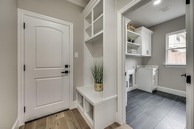 mudroom featuring baseboards, visible vents, and dark wood-style flooring