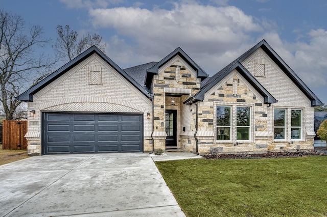 french country home with a garage, brick siding, concrete driveway, and a front yard