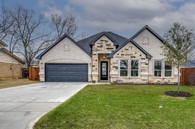 french country style house featuring a garage, brick siding, fence, driveway, and a front lawn