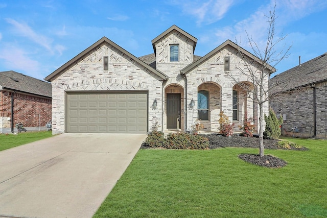 french country inspired facade with a garage, concrete driveway, brick siding, and a front yard