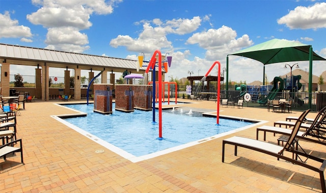 view of swimming pool with a playground