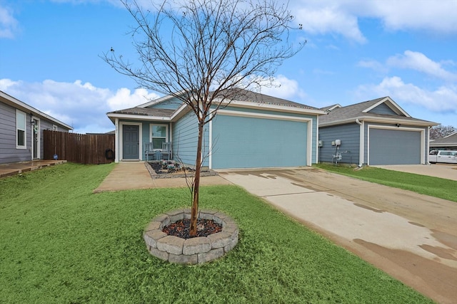 ranch-style home with a garage and a front yard