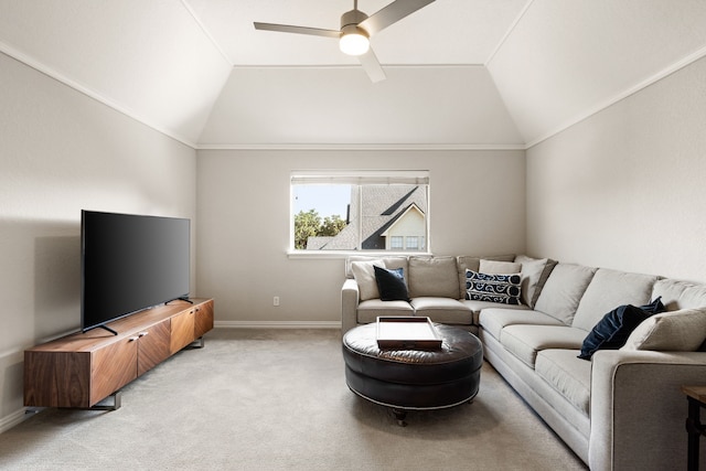 living room featuring vaulted ceiling, light colored carpet, and ceiling fan