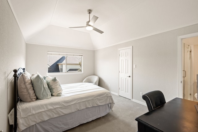 bedroom with crown molding, carpet floors, ceiling fan, and vaulted ceiling