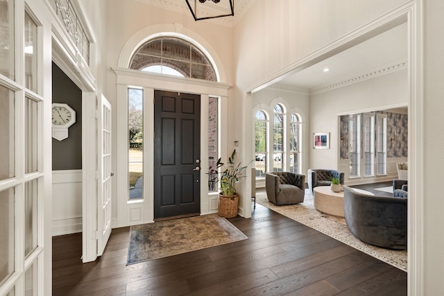 foyer entrance featuring dark hardwood / wood-style flooring, ornamental molding, and a high ceiling