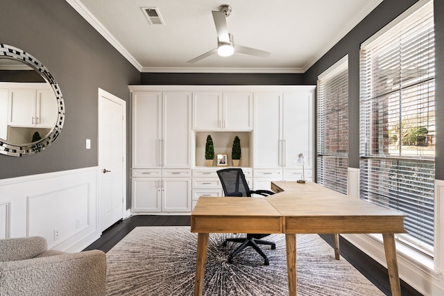 office featuring crown molding, ceiling fan, and dark hardwood / wood-style flooring