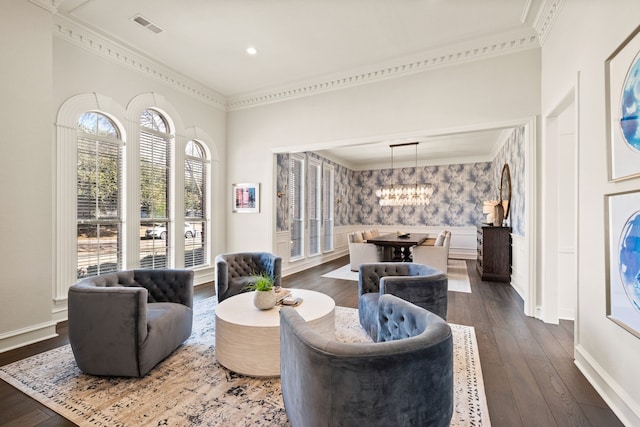 living room with crown molding and dark wood-type flooring