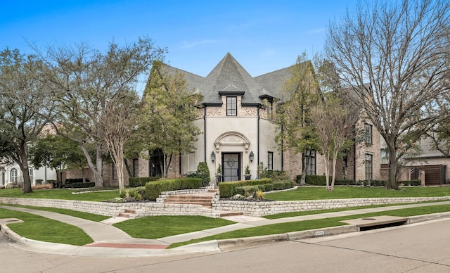 french country inspired facade with a front lawn