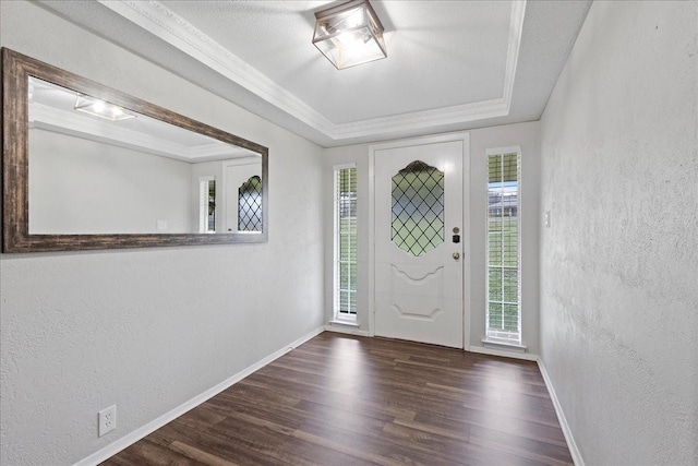 entryway featuring ornamental molding, dark hardwood / wood-style flooring, and a tray ceiling