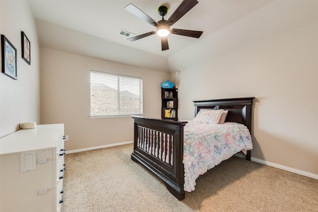 carpeted bedroom with ceiling fan