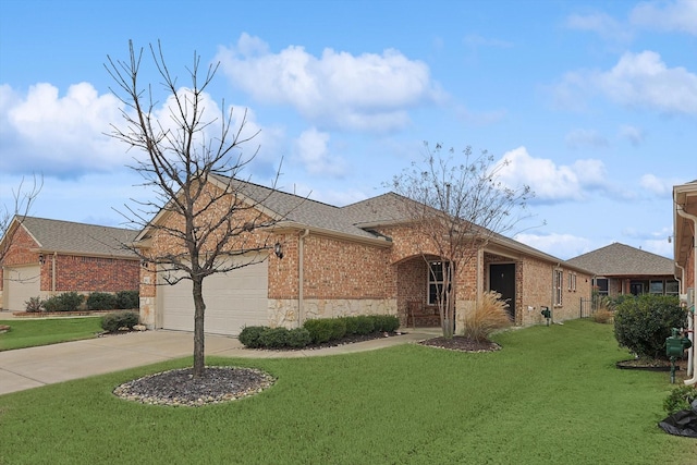 ranch-style home with a garage and a front lawn