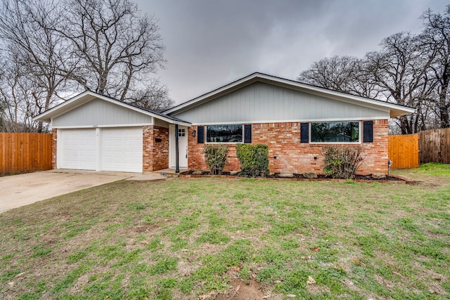 single story home featuring brick siding, a front lawn, and fence