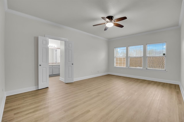 unfurnished room featuring crown molding, ceiling fan, and light wood-type flooring