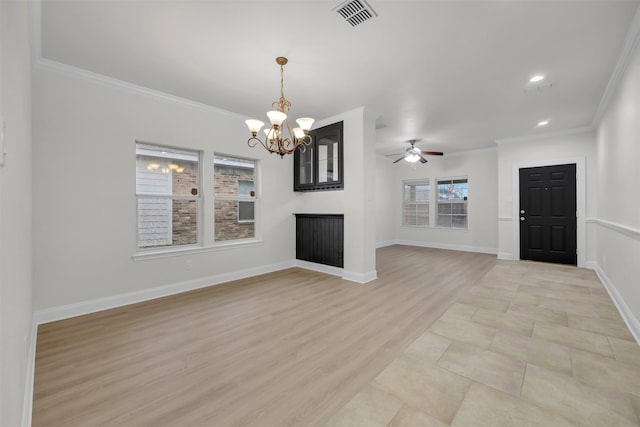 unfurnished living room with ornamental molding, ceiling fan with notable chandelier, and light hardwood / wood-style floors