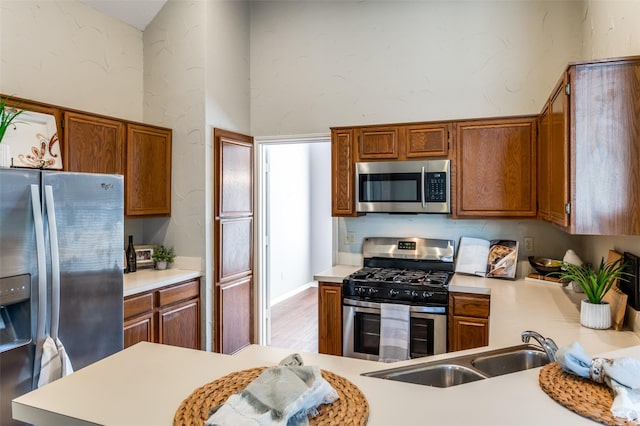 kitchen featuring stainless steel appliances, sink, and light wood-type flooring