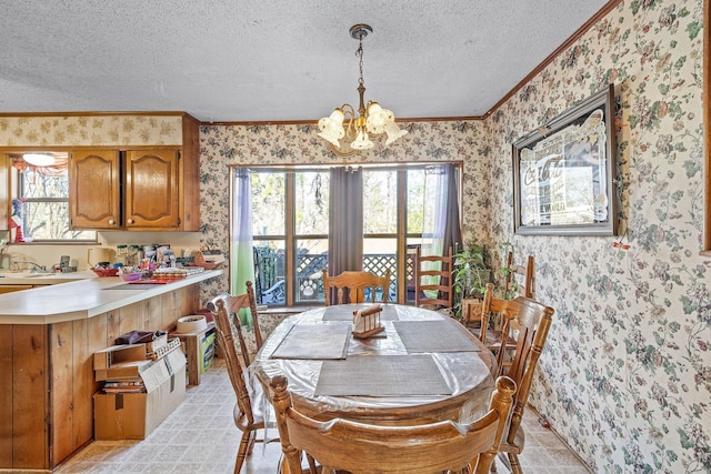 dining area with ornamental molding, plenty of natural light, a notable chandelier, and a textured ceiling