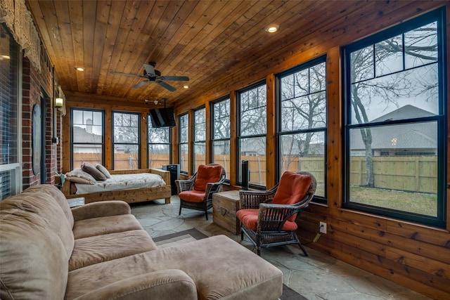 sunroom / solarium featuring wood ceiling and ceiling fan