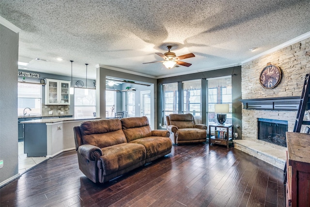 living room with a fireplace, ornamental molding, dark hardwood / wood-style floors, and sink