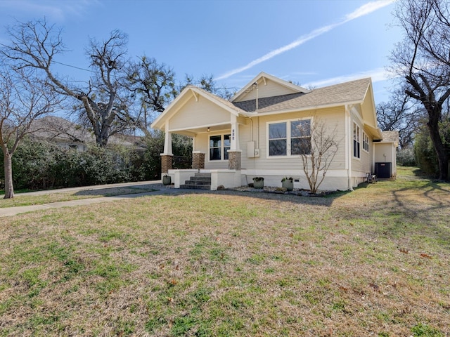 view of front of home featuring crawl space, a porch, central AC, and a front yard