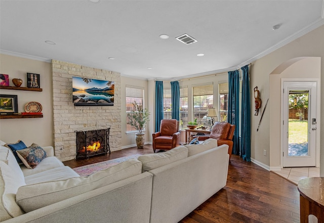 living room with a healthy amount of sunlight, ornamental molding, dark hardwood / wood-style floors, and a large fireplace