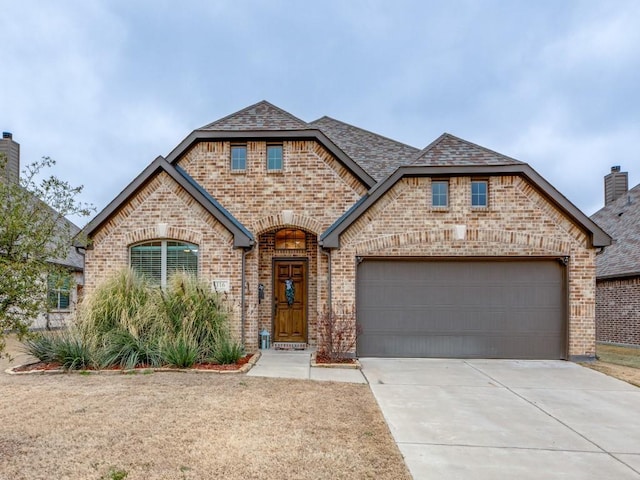 french country inspired facade with a garage, concrete driveway, brick siding, and a shingled roof