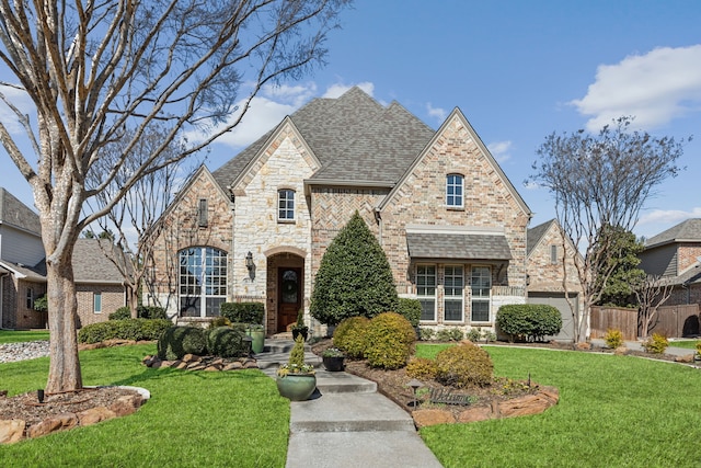 french country home featuring a garage, a front lawn, roof with shingles, and brick siding