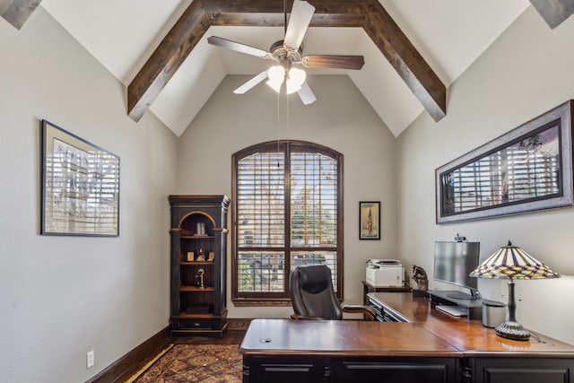 office area featuring vaulted ceiling with beams, ceiling fan, baseboards, and dark wood-style flooring