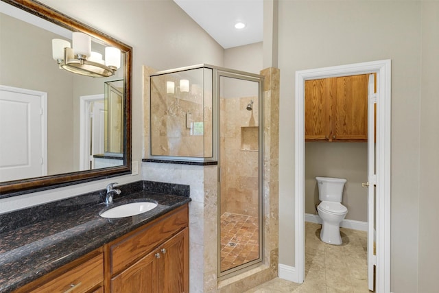6039 Reiger Ave, Dallas, TX 75214 - bathroom with tile patterned flooring, a shower stall, toilet, and vanity