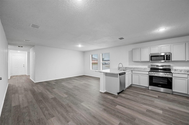 kitchen with sink, dark wood-type flooring, appliances with stainless steel finishes, a textured ceiling, and kitchen peninsula