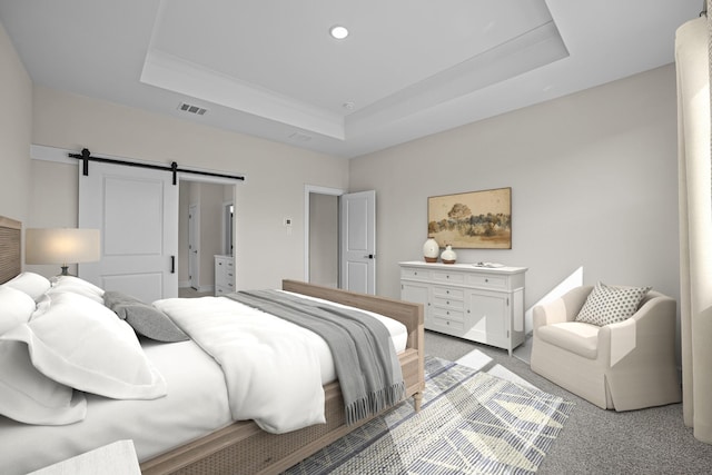 bedroom with a barn door, recessed lighting, a raised ceiling, visible vents, and light colored carpet