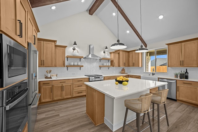 kitchen with wall chimney range hood, a kitchen breakfast bar, open shelves, a sink, and appliances with stainless steel finishes