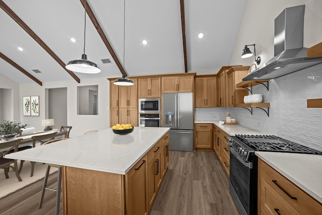 kitchen featuring lofted ceiling with beams, visible vents, wall chimney range hood, open shelves, and appliances with stainless steel finishes