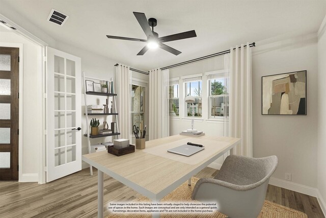 1130 Cardinal Dr, Midlothian, TX 76065 - office area featuring wood finished floors, baseboards, and a ceiling fan