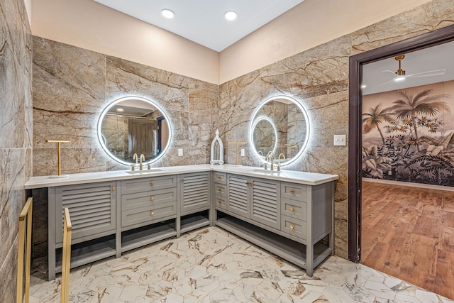 bathroom with vanity and ceiling fan