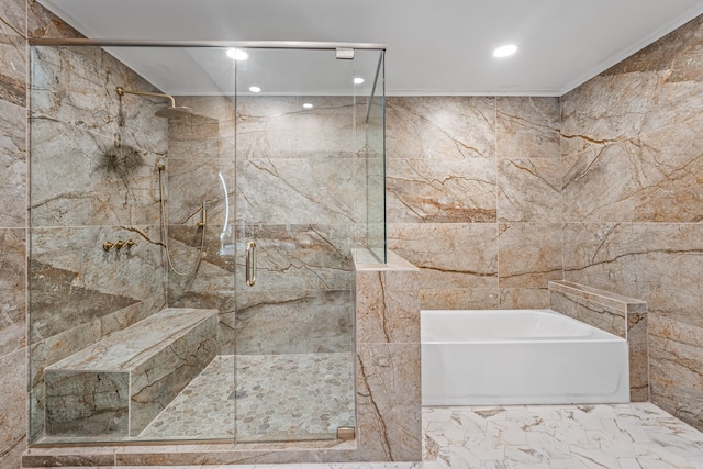 162 Eastledge Dr, Graham, TX 76450 - bathroom featuring a bath, a marble finish shower, crown molding, recessed lighting, and marble finish floors