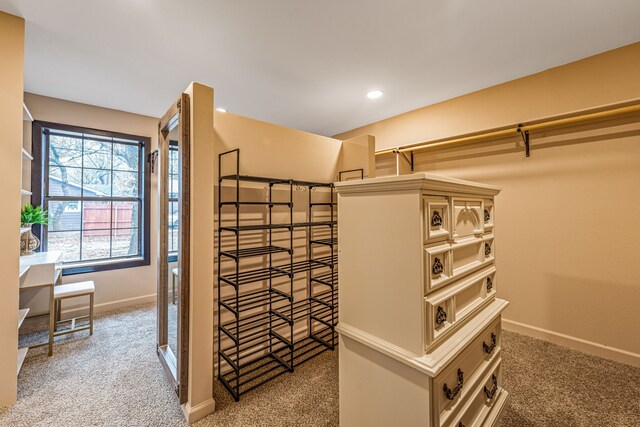 walk in closet with carpet