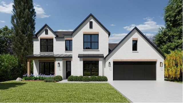 view of front of property with a garage and a front lawn