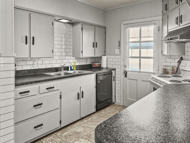 kitchen featuring black dishwasher, white range with electric cooktop, dark countertops, a sink, and under cabinet range hood