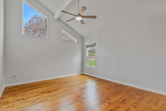 empty room with beamed ceiling, ceiling fan, high vaulted ceiling, and light hardwood / wood-style flooring