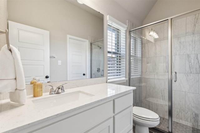 bathroom featuring vanity, lofted ceiling, toilet, and walk in shower