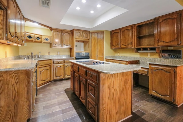 kitchen featuring a tray ceiling, a center island, sink, and black appliances